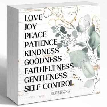 Imagem de WUZYOU Bíblia versículo Gálatas 5:22-23 caixa de madeira decoração de parede, Love J0Y Peace Wood Block Sign Wall Decorate, decoração de citação cristã para escritório, casa, quarto, mesa, prateleira