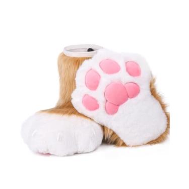 Imagem de BNLIDES Cosplay Animal Gato Lobo Cachorro Raposa Fursuit Pés Pata Garra Sapatos Botas Peludas Acessórios de Fantasia para Adultos, Cáqui Branco, Free Size