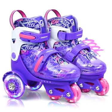 Imagem de Patins infantis com design legal de dinossauro, tênis de patinação para treinamento infantil com proteção tripla de segurança, 4 tamanhos ajustáveis, rodas iluminadas (roxo trovão, PP-pequeno (8C