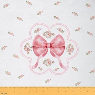 Imagem de jejeloiu Tecido Coquette com laço rosa da The Yard 1 jarda cachos de flores cor-de-rosa impermeável material exterior tecido de estofamento de princesa sonhadora para cadeiras flores elegantes