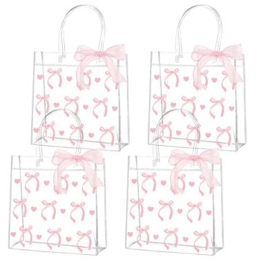 Imagem de QOUBAI 12 peças de sacos de presente de PVC transparente com laço rosa com alças laço a granel arco de coquete guloseimas saco de doces arcos tema presente embrulhar sacolas para festa de aniversário