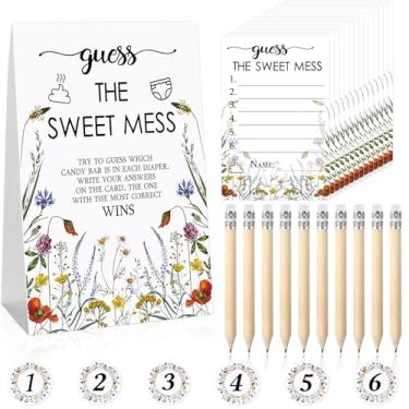 Imagem de Fumete Jogo de fraldas sujas Guess The Sweet Mess com 67 peças, inclui placa de adivinhar a doce bagunça 50 cartões pequenos, 10 lápis e 6 adesivos numéricos para revelação de gênero de chá de bebê