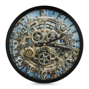 Imagem de BWQMNT Relógio de parede redondo de 25 cm, relógio de parede impresso com engrenagens Steampunk fixe, silencioso e sem tique-taque, alimentado por bateria, adequado para escritório, quarto, sala de