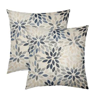 Imagem de Kawani Capas de almofada azul marinho dália 45,7 x 45,7 cm flores geométricas rústicas decorativas quadradas bege cinza floral capas de almofada fazenda decoração de casa para sofá sofá ao ar livre