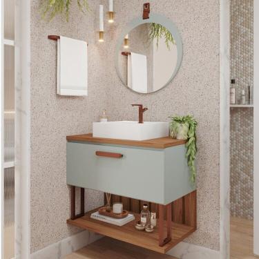 Imagem de Gabinete Suspenso Banheiro Mari 80cm com Cuba e Espelheira Lua Espresso Móveis Pistache