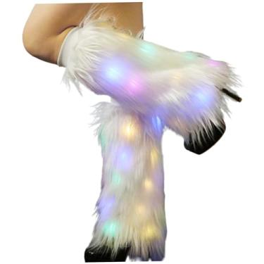 Imagem de Polainas de pele femininas, polainas fofas de pele sintética, modernas, iluminadas, brancas, quentes, de inverno, polainas peludas para mulheres e mulheres com luz