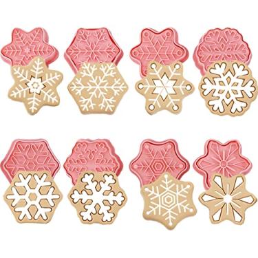 Imagem de Conjunto de 8 peças de cortadores de biscoito de neve com carimbos de êmbolo 3D de Natal em forma de neve cortador de biscoito de inverno de desenho animado carimbos de biscoito gravados em relevo para guloseimas faça você mesmo suprimentos de cozimento de biscoito