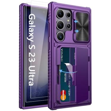 Imagem de Vihibii Capa para Samsung Galaxy S23 Ultra com suporte para cartão (4 cartões), protetor de tela de vidro temperado embutido 2X e capa de lente deslizante e suporte, capa de telefone resistente e à