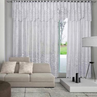 Imagem de Cortina Renda Roseiral Sala Branco 3,50X2,20 Com Bando - Interlar