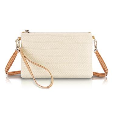 Imagem de FuninCrea Bolsa clutch de palha para mulheres, carteira de pulso com 3 compartimentos para cartão e alça ajustável pequena bolsa transversal de tecido, Bege, Small