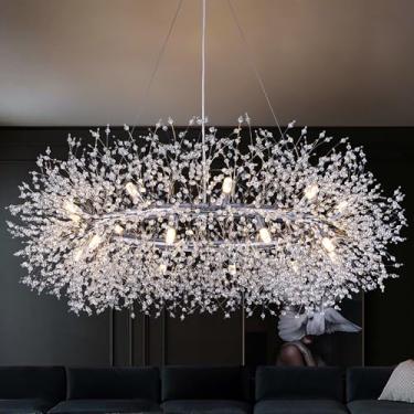 Imagem de Wellmet Lustre de fogos de artifício 96,5 cm, lustre de cristal moderno cromado luminária de roda de vagão, iluminação de teto redonda de meados do século para sala de jantar, hall de entrada, sala de