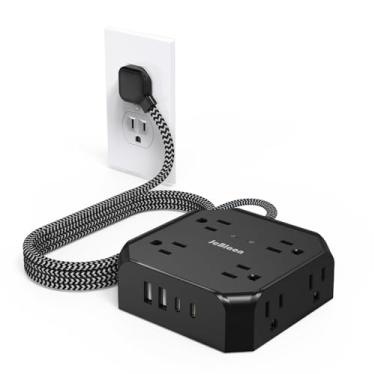 Imagem de Protetor contra surtos de linha – 8 tomadas com 4 portas de carregamento USB (2 USB C), adaptador de tomada plana ultrafina JcBlaon com cabo de extensão trançado de 1,8 m para casa, escritório