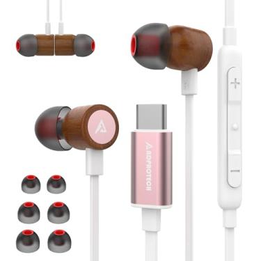 Imagem de Fones de ouvido USB C para iPhone, fones de ouvido tipo C, madeira de pera vermelha, estéreo, HiFi com controle remoto e microfone, fones de ouvido USB C compatíveis com iPhone 15 Pro Max, Galaxy S23