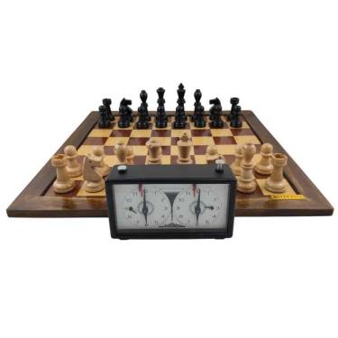 Imagem de Tabuleiro Xadrez Luxo + Peças em Madeira Nobre + Relógio Analógico - 1021621
