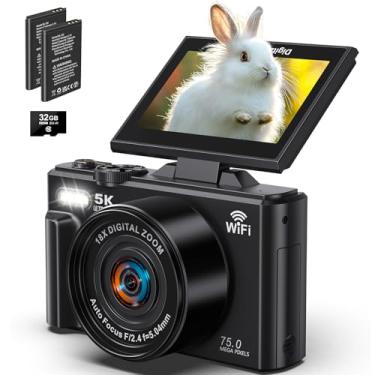 Imagem de Câmera digital, transmissão Wi-Fi, 5K 75MP, foco automático, tela giratória de 180 graus,cartão SD de 32G,zoom digital de 18x,Flash,câmera compacta,vlog