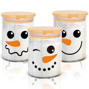 Imagem de JarThenaAMCS Conjunto de 3 potes de armazenamento de vidro de Natal fofos de rosto de boneco de neve com tampa hermética para decoração de bancada de cozinha de inverno