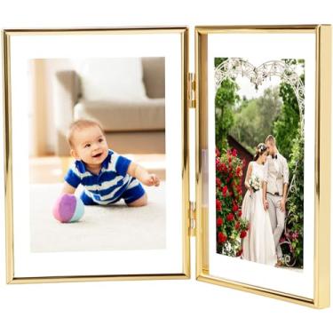 Imagem de Moldura dupla, moldura de metal com dobradiça de 17 x 12 cm, moldura vertical com moldura de mesa dobrável de vidro com moldura vertical para mesa frontal de vidro real para colagem de fotos de