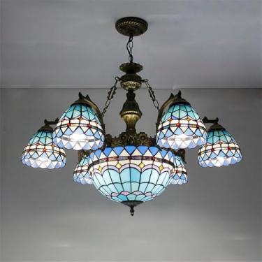 Imagem de Vintage LED Chandelier with Blue Glass - Pendant Light for Living Room, Restaurant, Bedroom, Hotel, Cafe & Bar (B 6 lights)