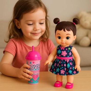 Imagem de Boneca Copo Suquinho Canudo Brinquedo Criança Hannah Infantil Vestido 