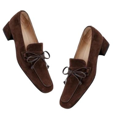 Imagem de MOOMMO Mocassins femininos grossos de salto baixo com laço de camurça, sem fecho, bico quadrado, mocassim oxfords confortáveis de 2,5 cm, sapatos sociais, sapatos sociais, escarpins, trabalho, vintage