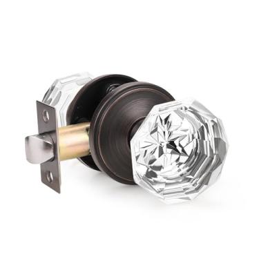 Imagem de Maçaneta de porta de vidro Orger para corredor e armário, maçaneta de porta de cristal com formato de diamante redondo, maçaneta interna sem trava, acabamento redondo de roseta, bronze polido a óleo