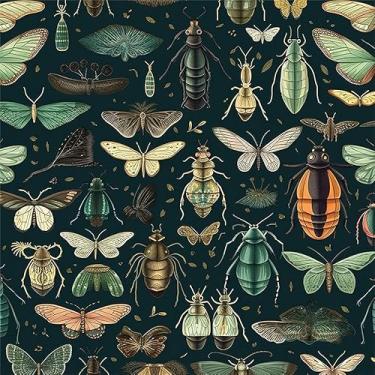 Imagem de Papel de parede de papel de parede com estampa de inseto, verde-escuro, preto, marrom, papel de contato, adesivo de vinil vintage, papel de parede para quarto, banheiro, armário de cozinha, adequado