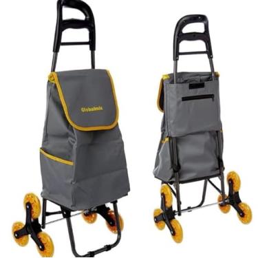 Imagem de Carrinho de Carga Dobrável Sobe Escada, 3 Rodas, Capacidade 40kg, com Bolsa Removível, Cinza e Amarelo