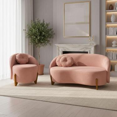 Imagem de Conjunto 01 Poltrona + Sofá Curvo Orgânico Amsterdã Bouclê Rosa - Mont