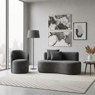Imagem de Conjunto 01 Poltrona + Sofá Curvo Orgânico Nature Gaia Veludo Cinza - 