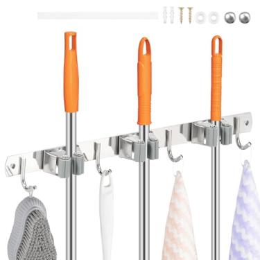 Imagem de Suporte para esfregão e vassoura, organizador de ferramentas de armazenamento de esfregão e vassoura, aço inoxidável, resistente, organizador de ferramentas de cozinha, 3 prateleiras com 4 ganchos