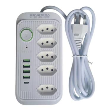 Imagem de Filtro De Linha Extensões Elétrica Bivolt 110-220 5 Tomadas e 4 USB E 1 Tipo C Cabo 2 Metros Cor Branco