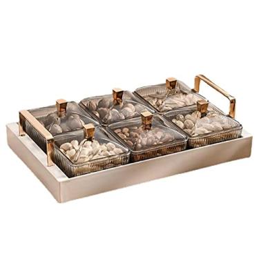 Imagem de Bandeja de servir lanches, 6 tigelas de plástico removíveis com tampas e paletes, travessa dividida para frutas, biscoitos, sobremesas, aperitivos, branca, pacote com 1