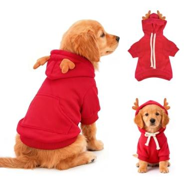 Imagem de famibay Camiseta com capuz vermelha com chapéu para cães e gatos, roupas de Natal para animais de estimação, roupa fofa de Natal, festa cosplay (grande)