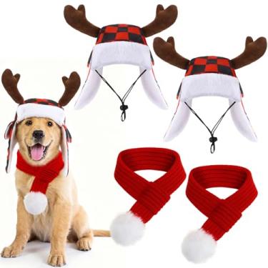 Imagem de SilTriangle Conjunto de 2 chapéus de Natal para cães com protetores de ouvido e cachecol de malha vermelha quente ajustável para cães de inverno (estilo rena, P)
