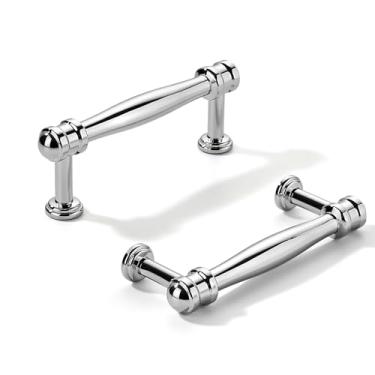 Imagem de khtumeware Pacote com 2 puxadores de armário cromados polidos centrais de 3 polegadas (76 mm), alça sólida para armário de cozinha resistente, ferragens de armário para penteadeira, puxador de