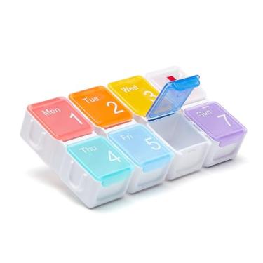 Imagem de 1 organizador semanal de comprimidos para artrite, livre de BPA, estojo removível e grande compartimento para guardar óleo de fígado de bacalhau, suplementos - multicolorido
