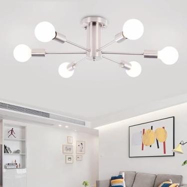 Imagem de WTYUIO Luminária de teto semi-embutida 6 luzes, lustre sputnik moderno, luminária pendente de meados do século para quarto, sala de estar, sala de jantar, cozinha, corredor, saguão, níquel