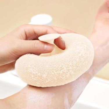 Imagem de Esponja de banho esfoliante 2 em 1, bola de banho com ventosa, pufe de malha macia, off-white