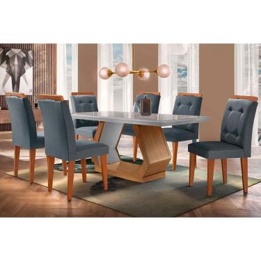 Imagem de Conjunto: Mesa Sala Jantar Alvorada Tampo Madeirado c/ Vidro Canto Reto 180x90cm e 6 Cadeiras Imperatriz Imbuia/Off White - Suede Grafite - Rufato