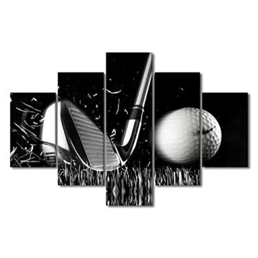 Imagem de Peças de golfe decoração de parede pinturas preto e branco campo de golfe arte de parede para sala de estar golfe esportes arte 5 peças impressões em tela decoração de casa moderna giclée emoldurado