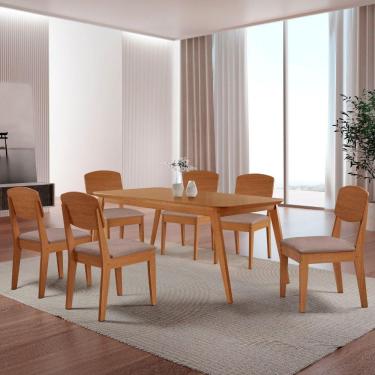 Imagem de Mesa De Jantar Copper 180cm Tampo Mdf 6 Cadeiras Moderna Linho Capuccino/naturale/naturale