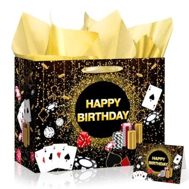 Imagem de Saco de presente de aniversário de cassino com cartão de felicitações de papel de seda preto dourado sacos de presente de feliz aniversário Las Vegas Saco de papel de embrulho temático de pôquer para