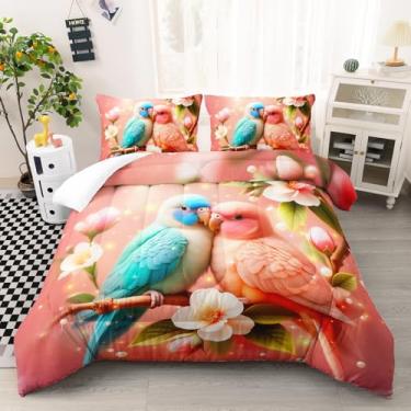 Imagem de AILONEN Conjunto de edredom solteiro de pássaro azul e rosa - Conjunto de cama 3D de pássaros fofos para casais apaixonados - edredom macio com estampa floral romântica de animais + 2 fronhas - 3