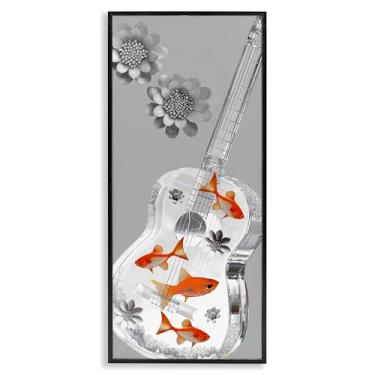 Imagem de Stupell Industries Arte giclée emoldurada preta com guitarra de peixe brilhante e flores, design por Sasha, 76 x 33