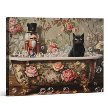 Imagem de Arte de parede vintage quebra-nozes gato Natal banheiro impressão floral quebra-nozes banheira pintura de parede decoração de parede de Natal para banheiro tela emoldurada 20x25