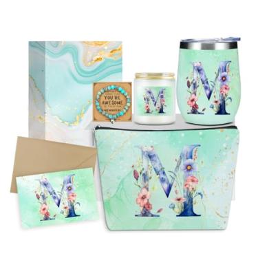 Imagem de XLRSDF Presentes personalizados monograma de aniversário para mulheres, ela, professora, sogra, casamento, Natal, copo de vinho, bolsa de maquiagem, conjunto de pulseira de vela perfumada (flor verde