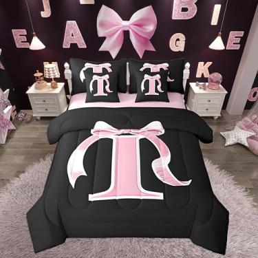Imagem de jejeloiu Conjunto de edredom infantil com laço preto e rosa, tamanho solteiro, monograma, 7 peças, letra I personalizada, em uma bolsa com edredom, lençóis, fronhas, moda moderna