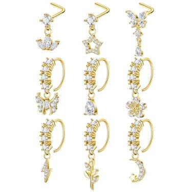 Imagem de NICEIGHT 9 peças de aço cirúrgico 20G anel de nariz pingente de ouro para mulheres e homens em forma de L pingente de nariz lua estrela indiano conjunto de argola de nariz CZ flor coração borboleta