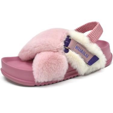 Imagem de KuaiLu Pantufas femininas felpudas com faixa cruzada plataforma suporte arco pele sintética peluda feminina bico aberto aconchegante pelúcia macia lã confortável sapatos de casa sandálias, rosa, 35