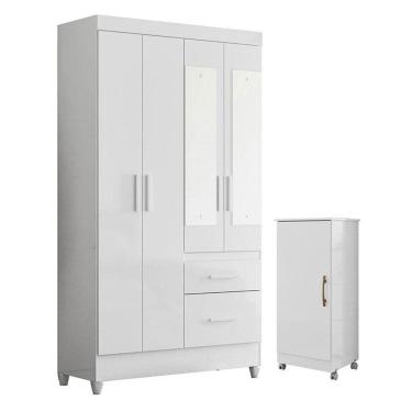 Imagem de Guarda Roupa Solteiro Madri Com Espelho E Armário Multiuso Lírio Branco Brilho - Moval